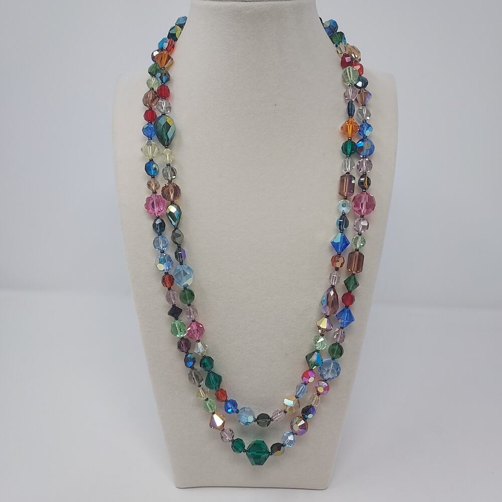 Vintage Rainbow Crystal Glass Bead Necklace Heavy Sparkle 48" Opera Flapper